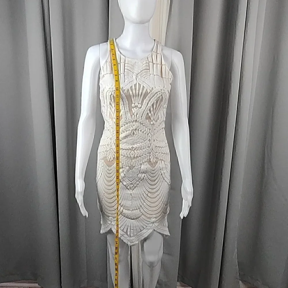 Tea & Cup Cream Bodycon Fitted & Lined Cotton Mini Dress. Size Small - Picture 7 of 13